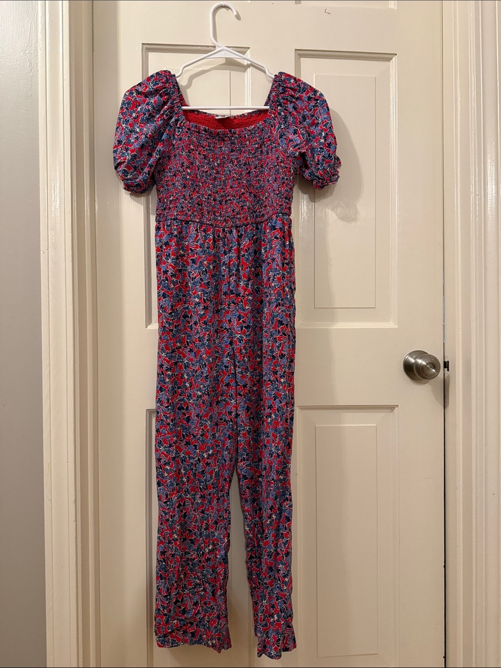 Girls J Crew Red and Blue Floral Smocked Jumpsuit